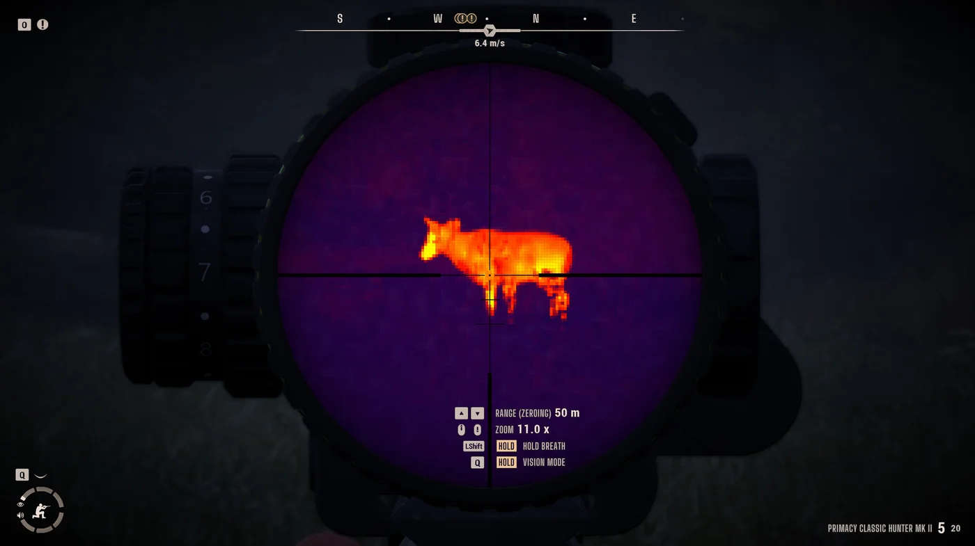 Thermal clip-on scope view of a large animal at night with the hunt HUD showing range and zeroing