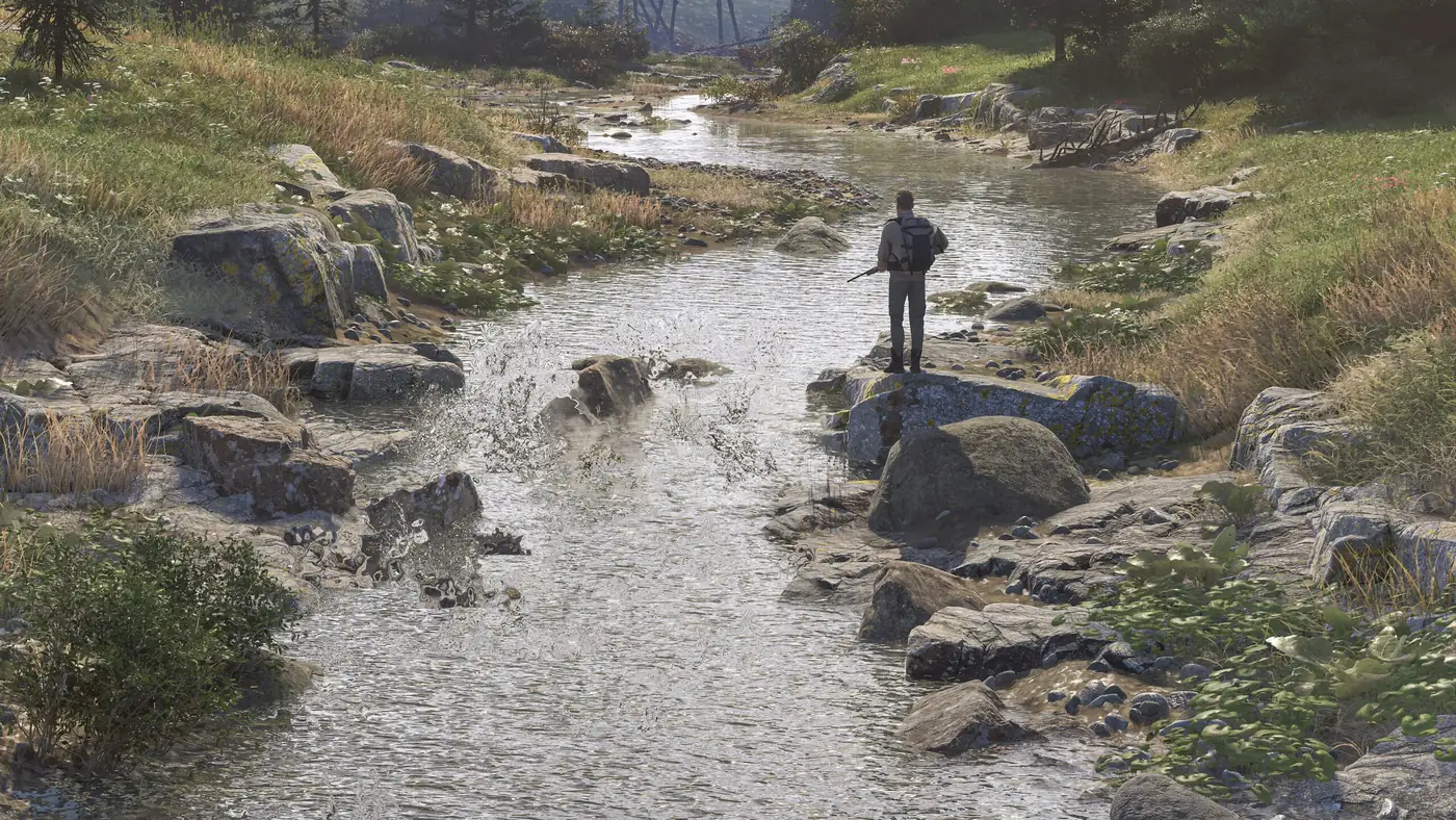 Hunter standing on a boulder in a New Laurentia river with a rifle