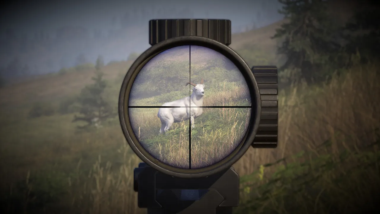 Scoped view of a Dall sheep on a misty New Laurentia hillside with conifers behind, stock rifle and reticle filling the frame