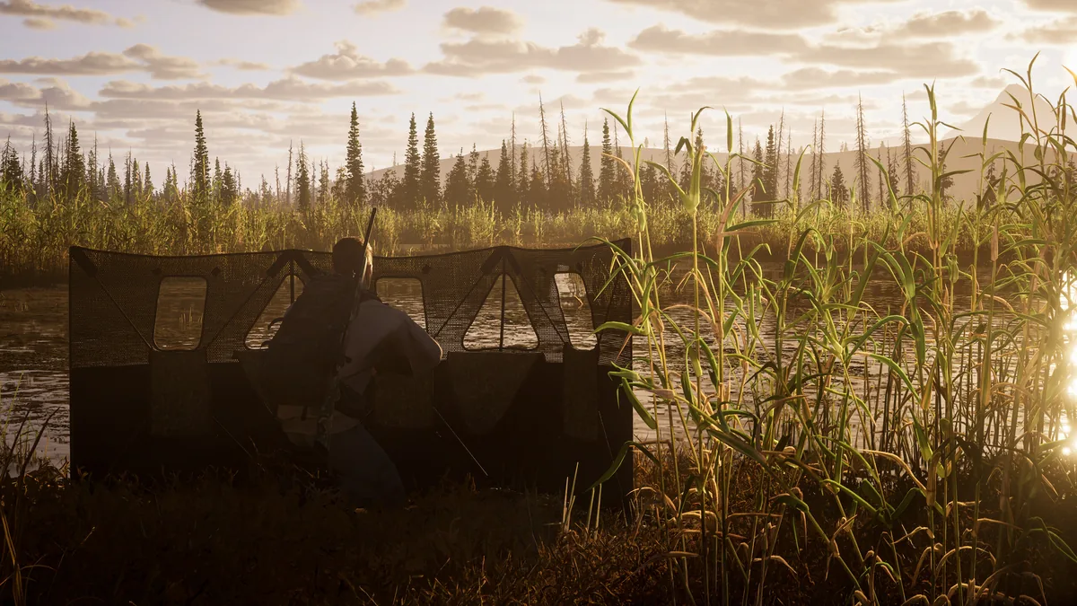 A hunter in a backlit duck blind among reeds, the kind of low-contrast small target a handheld screen has to resolve