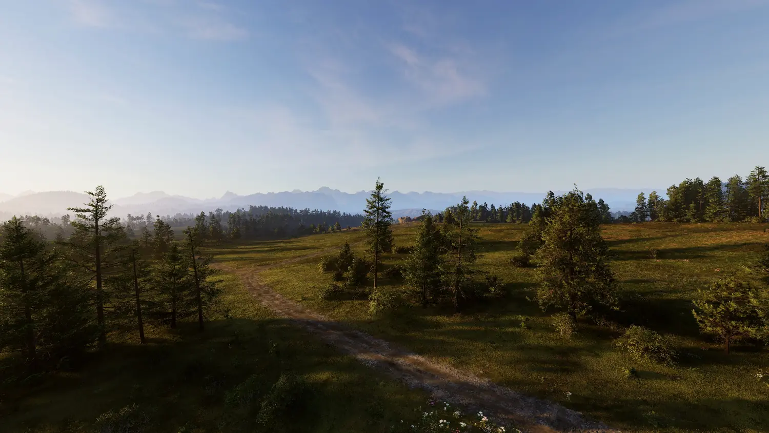 Misty pine forest at dawn with a scoped rifle in frame, the kind of foliage and light the recommended GPU has to push